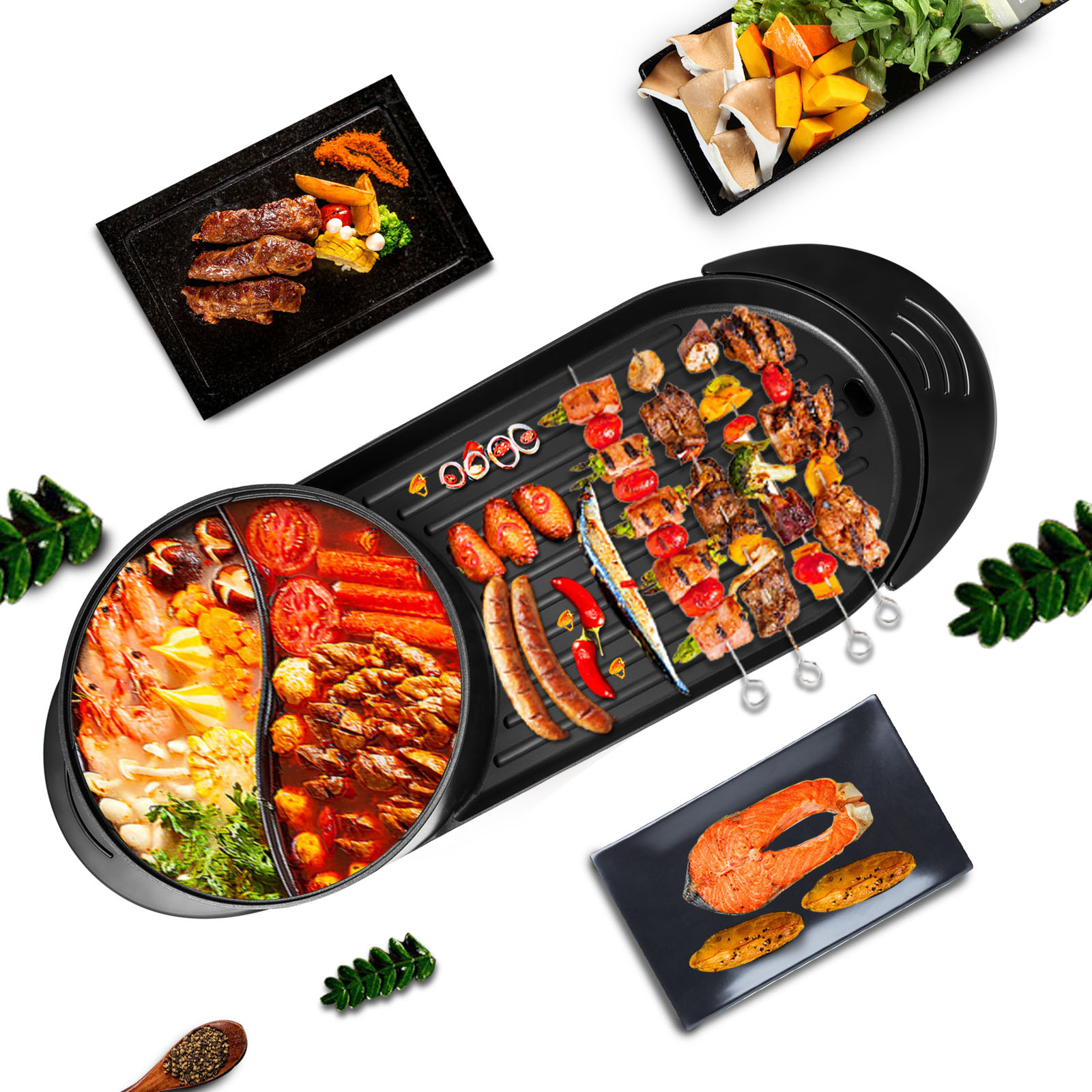 VEVOR 2 in 1 Electric Grill and Hot Pot BBQ Pan Grill and Hot Pot Multifunctional Teppanyaki Grill Pot with Dual Temp Control - 26.4 x 11 x 6.7 inch PC-8002