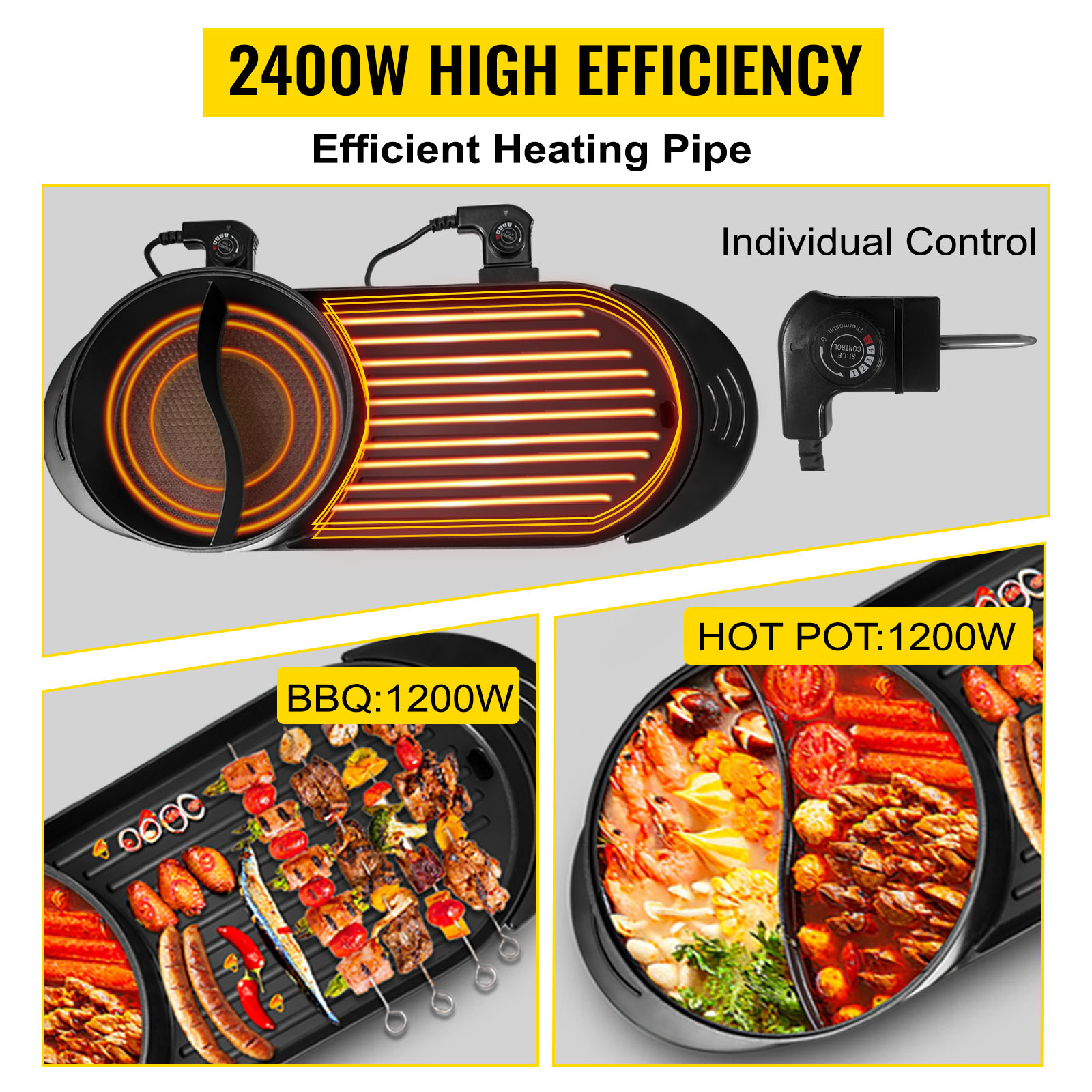 VEVOR 2 in 1 Electric Grill and Hot Pot, 2400W BBQ Pan Grill and