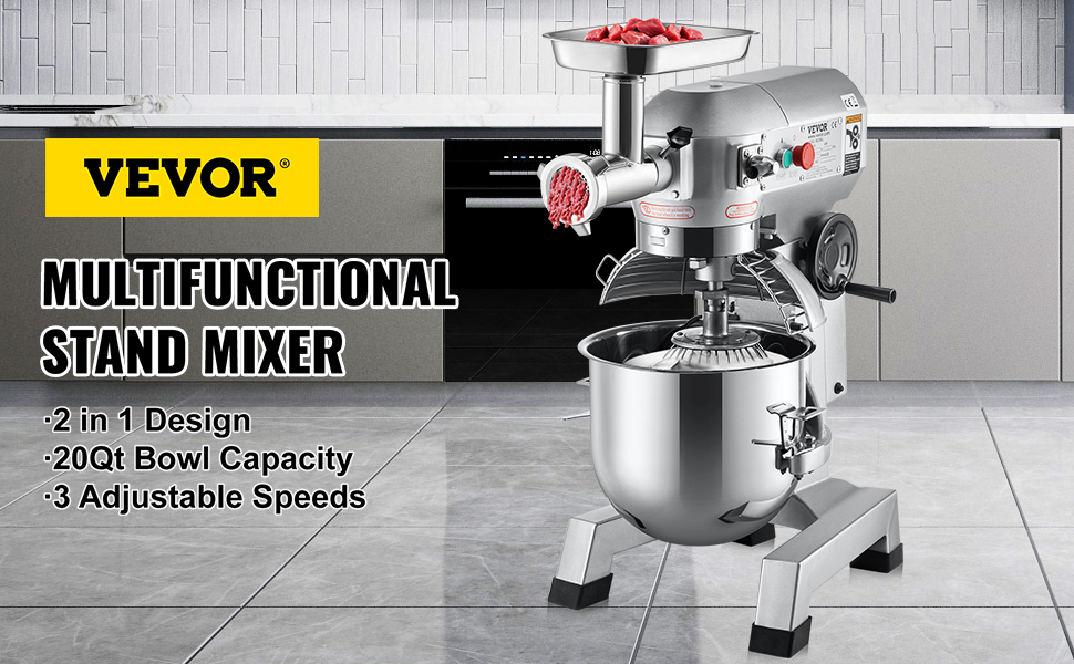 VEVOR Commercial Stand Mixer, 20Qt Stainless Steel Bowl, 1100W 2 in 1 Multifunctional Electric Food Mixer with Meat Grinder & 3 Speeds, Dough Hook Whisk Beater Included, Perfect for Bakery Pizzeria