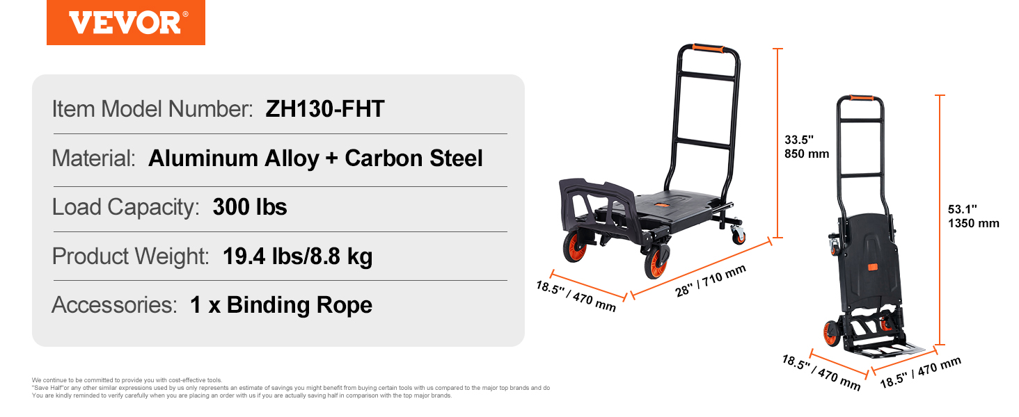 VEVOR VEVOR Aluminum Hand Truck, 2 in 1, 300 lbs Load Capacity, Heavy Duty  Industrial Convertible Folding Hand Truck and Dolly, Utility Cart Converts  from Hand Truck to Platform Cart with Rubber