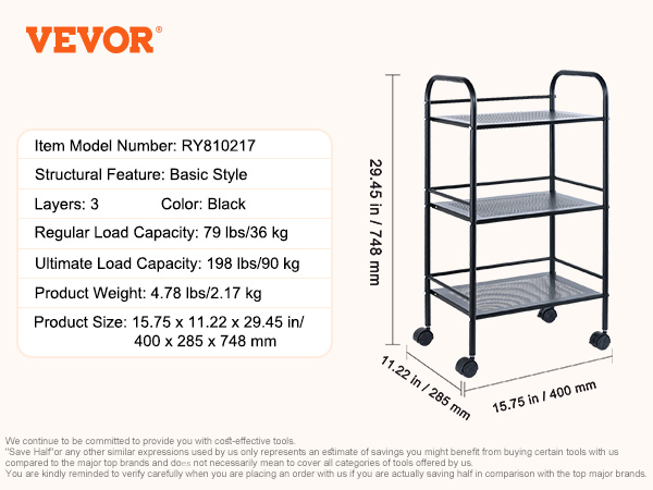 Vevor Desserte Roulettes Niveaux Chariot De Rangement Multifonctionnel M Tal X X