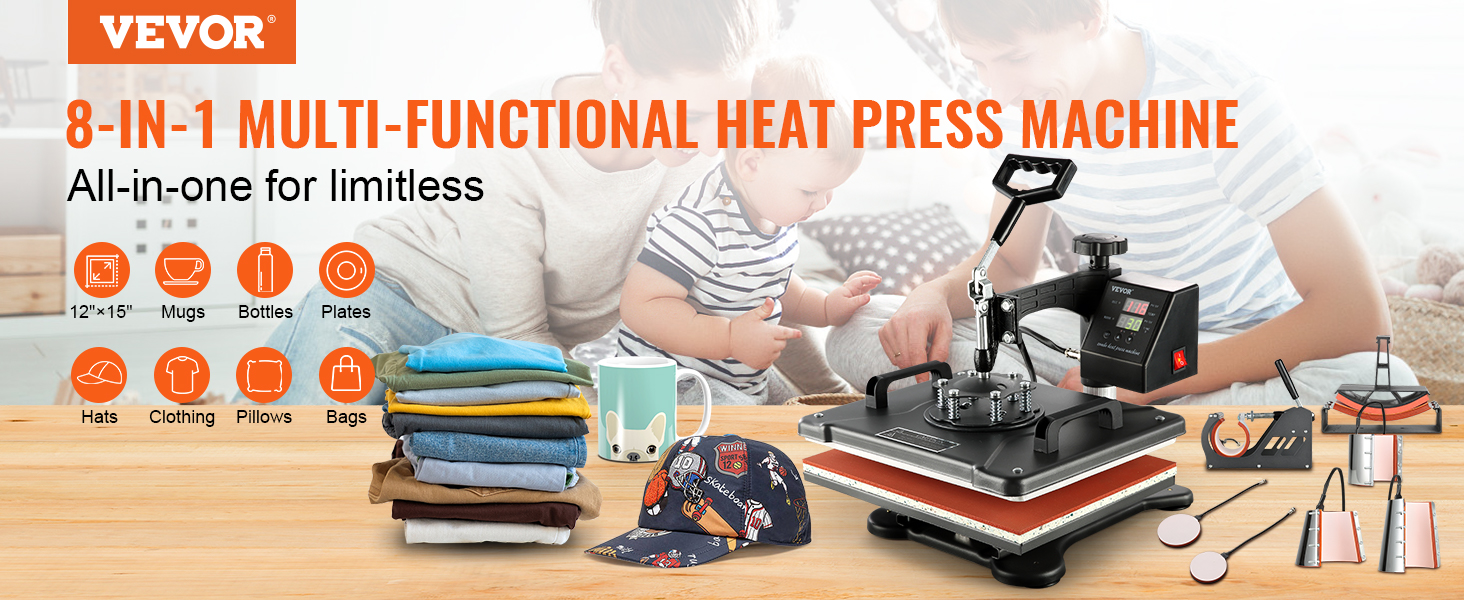 VEVOR Heat Press, 5 in 1 Heat Press Machine Machine 12x15, Clamshell Sublimation Transfer Printer Fast Heat-up, Digital Precise