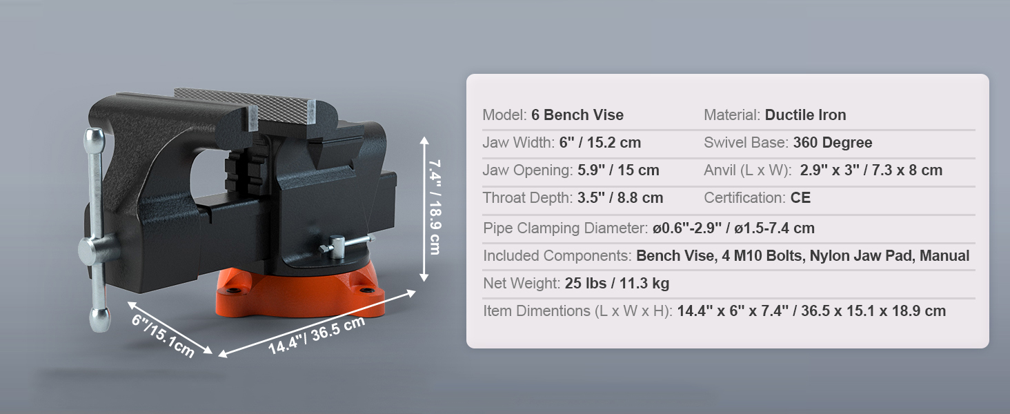 thumbnail image 2 of 6 Inch Heavy Duty Bench Vise With Anvil – Swivel Base, Cast Iron, 360° Rotation 2 of 5