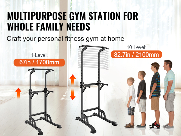VEVOR Power Tower Dip Station, 10-Level Height Adjustable Pull Up Bar ...