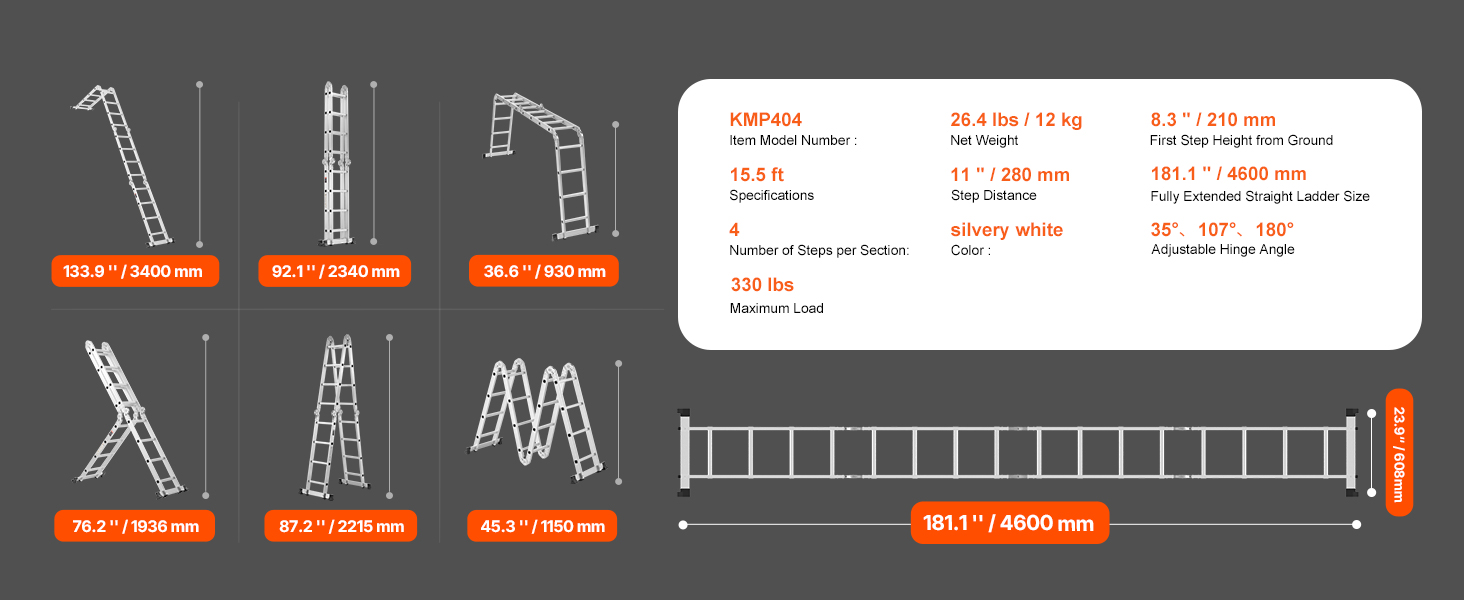 Multi-Purpose Folding Ladder,4 Step,15.5ft