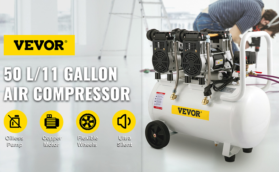 VEVOR Compressore Aria Senza Olio 6,6 Gallon 30L Silenzioso 750W