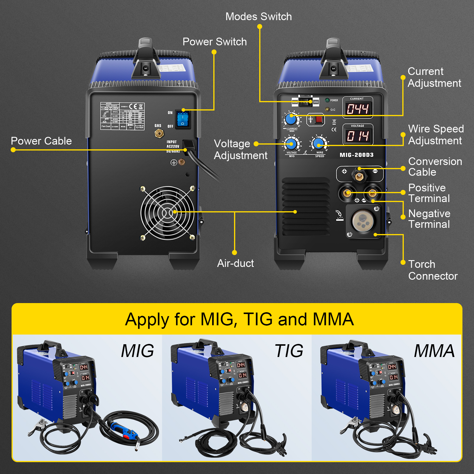 Vevor Poste à Souder Machine Soudage Inverseur Mig-200 Mig/mma/tig Inverter Igbt