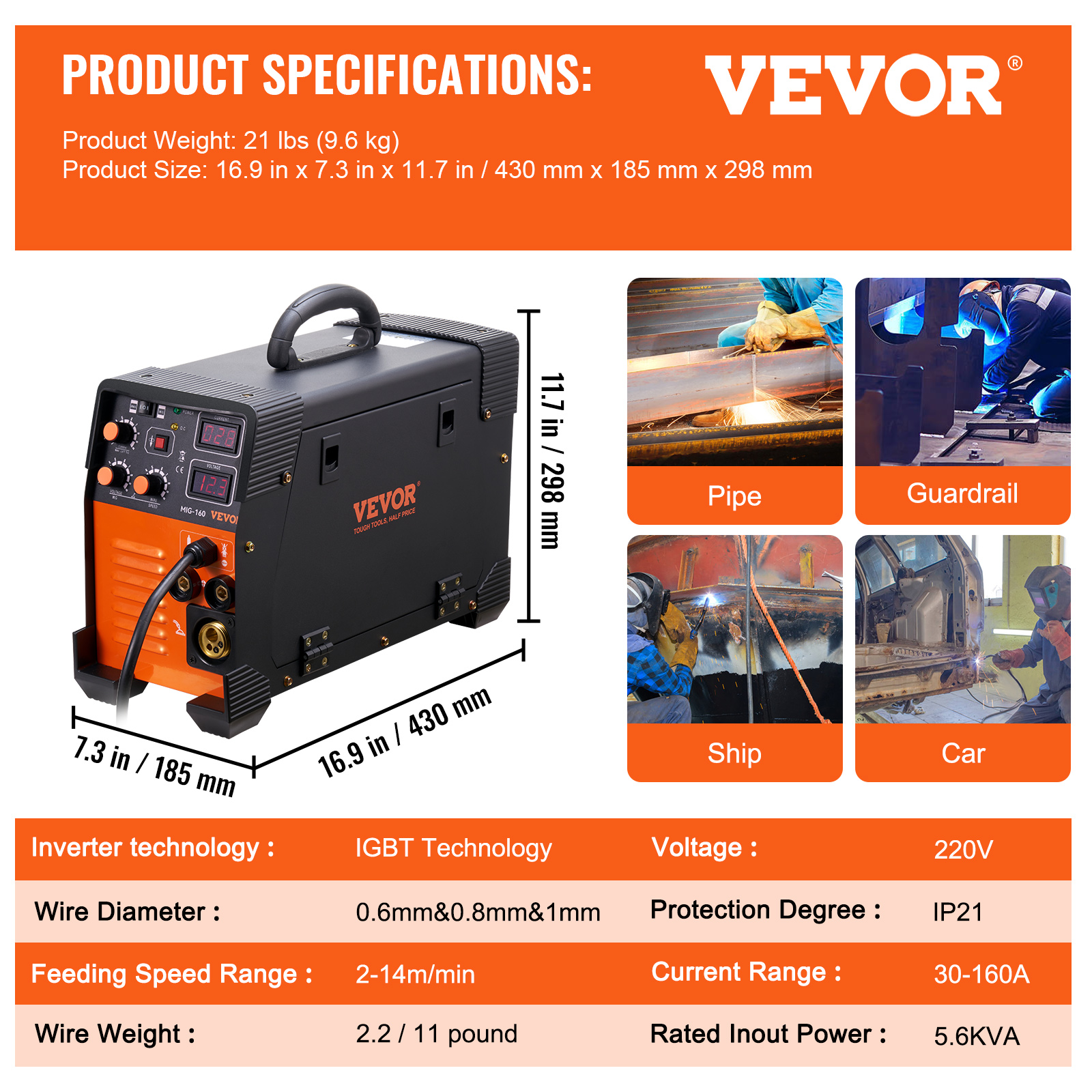 VEVOR MIG/MMA/TIG 3-in-1 Welder Flux Cored Wire IGBT Technology - Picture 21 of 38