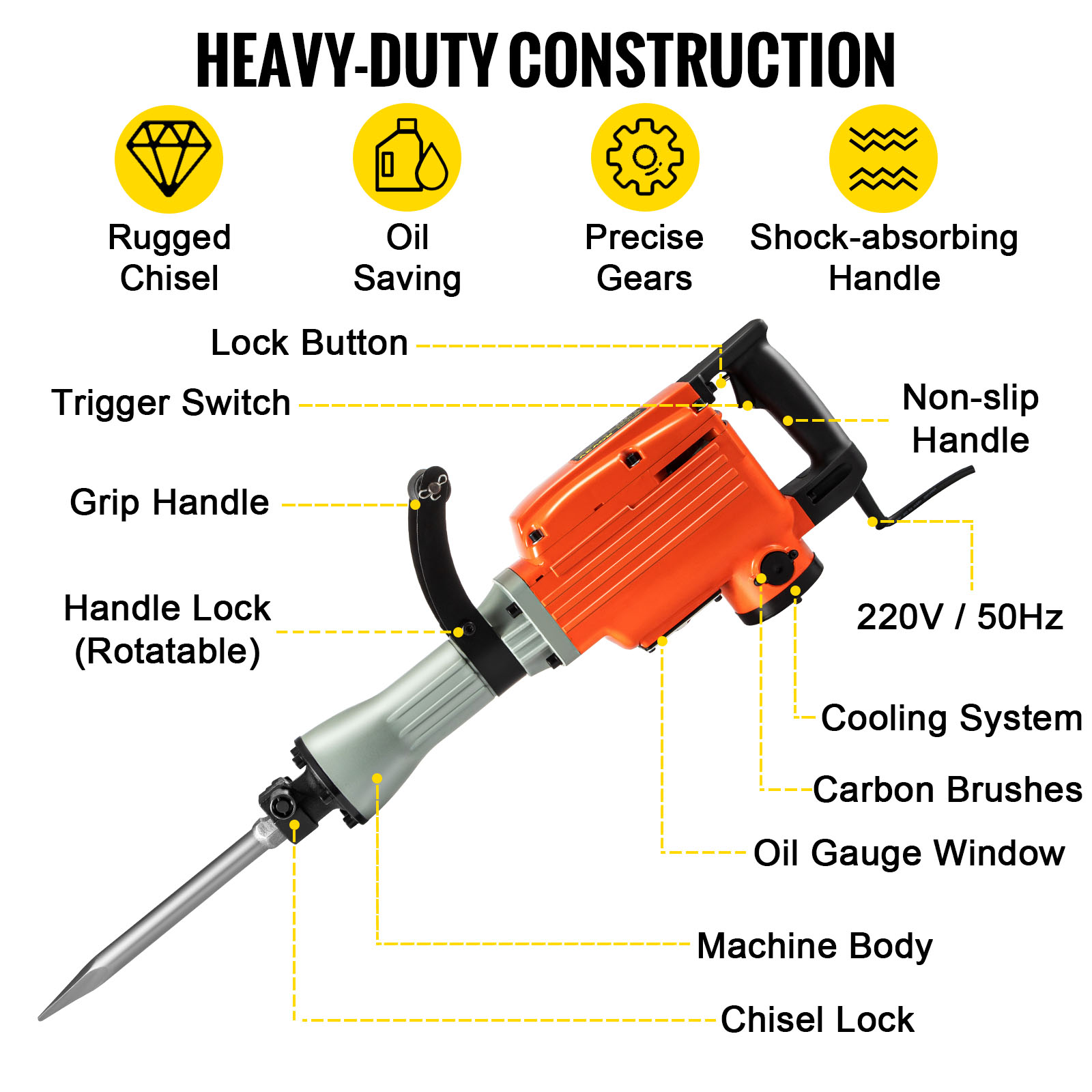 VEVOR Demolition Jack Hammer Concrete Breaker 3600W Electric Hammer 4