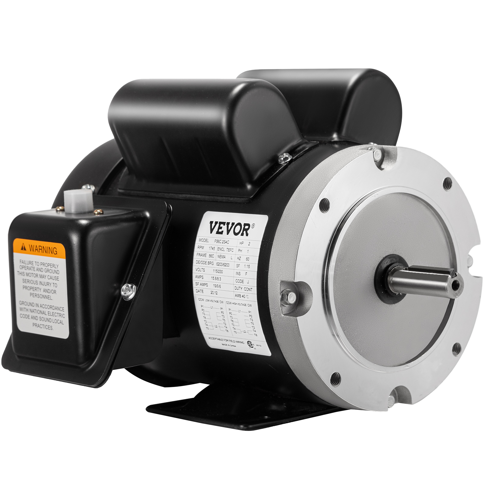 VEVOR Electric Compressor Motor, 2 HP, Rated Speed Single Phase Electric Motor, AC 115V 230V Air Compressor Motor 56C Frame, Suitable for Agricultural Machinery and Equipment | VEVOR US