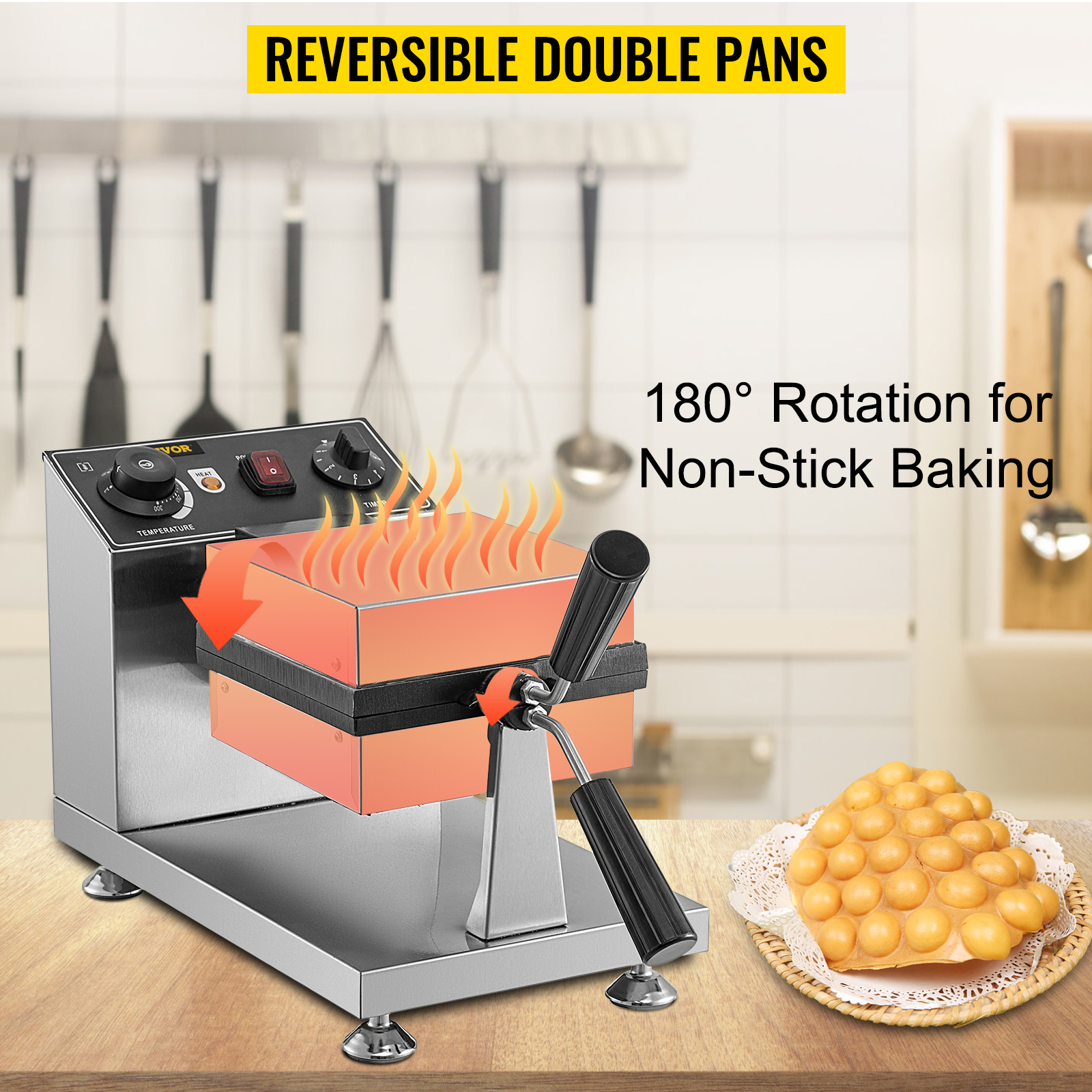 VEVOR Round Waffle Maker 1400W 2-Layer Rotatable Non-Stick Waffle Iron 120V