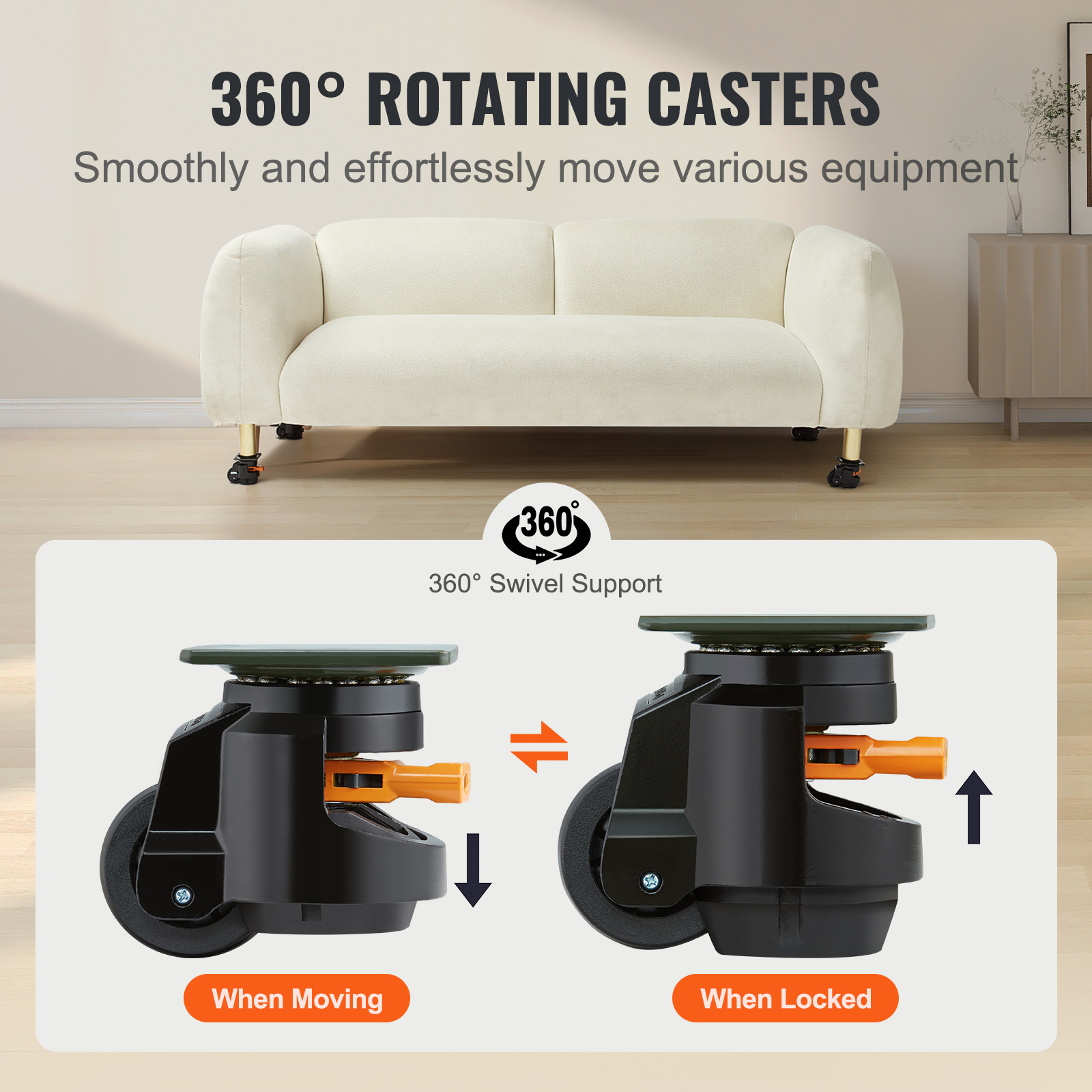 VEVOR Leveling Casters Adjustable PVC Plate Mounted Caster 720/2200/1100lbs 4pcs - Picture 18 of 38