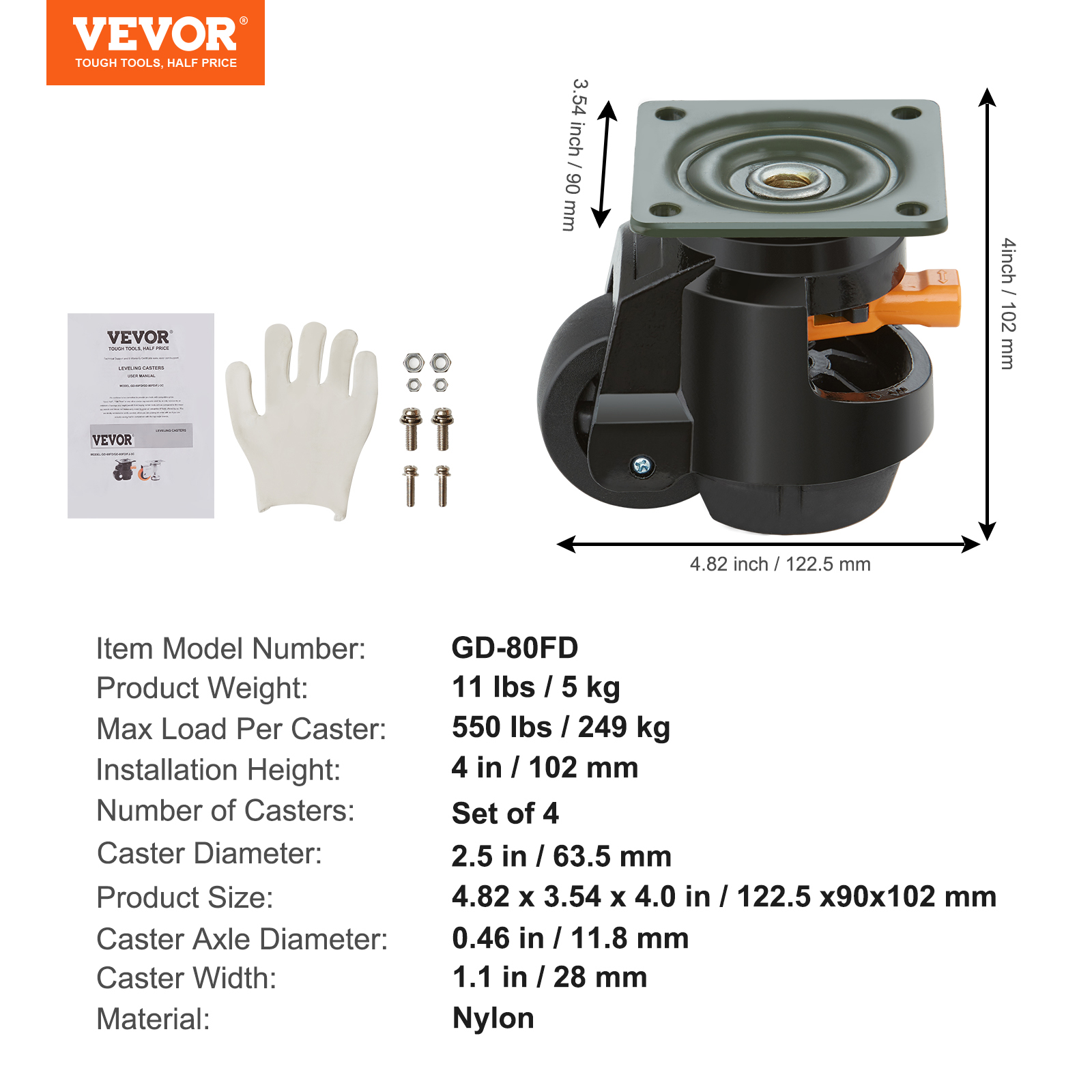 VEVOR Leveling Casters Adjustable PVC Plate Mounted Caster 720/2200/1100lbs 4pcs - Picture 21 of 38