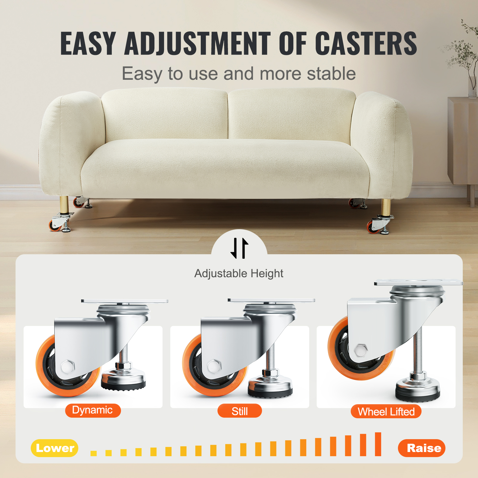VEVOR Leveling Casters Adjustable PVC Plate Mounted Caster 720/2200/1100lbs 4pcs - Picture 7 of 38