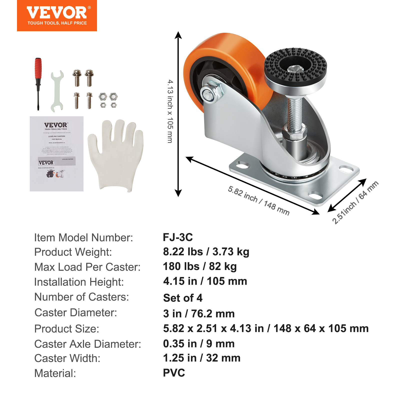 VEVOR Leveling Casters Adjustable PVC Plate Mounted Caster 720/2200/1100lbs 4pcs - Picture 9 of 38