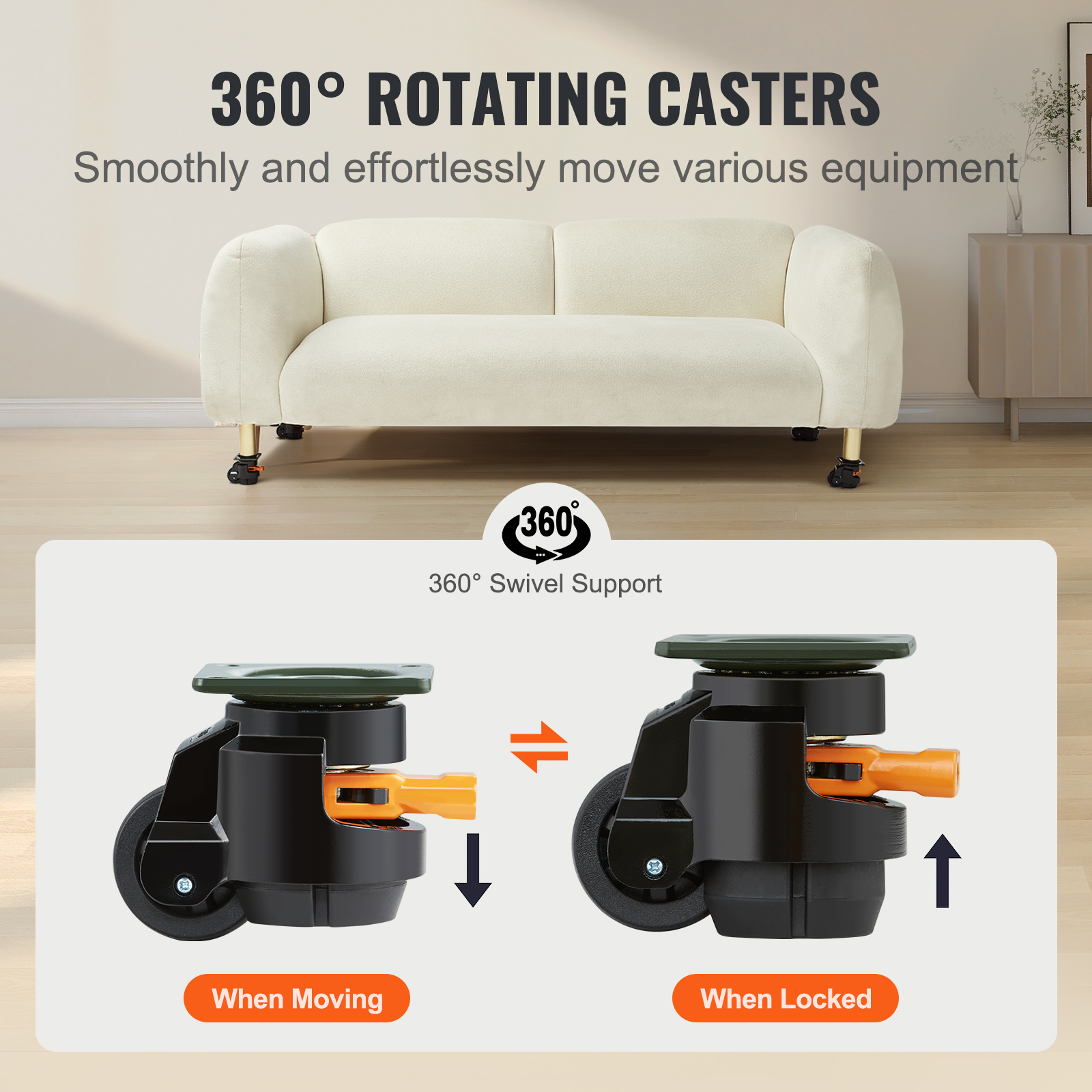 VEVOR Leveling Casters Adjustable PVC Plate Mounted Caster 720/2200/1100lbs 4pcs - Picture 30 of 38