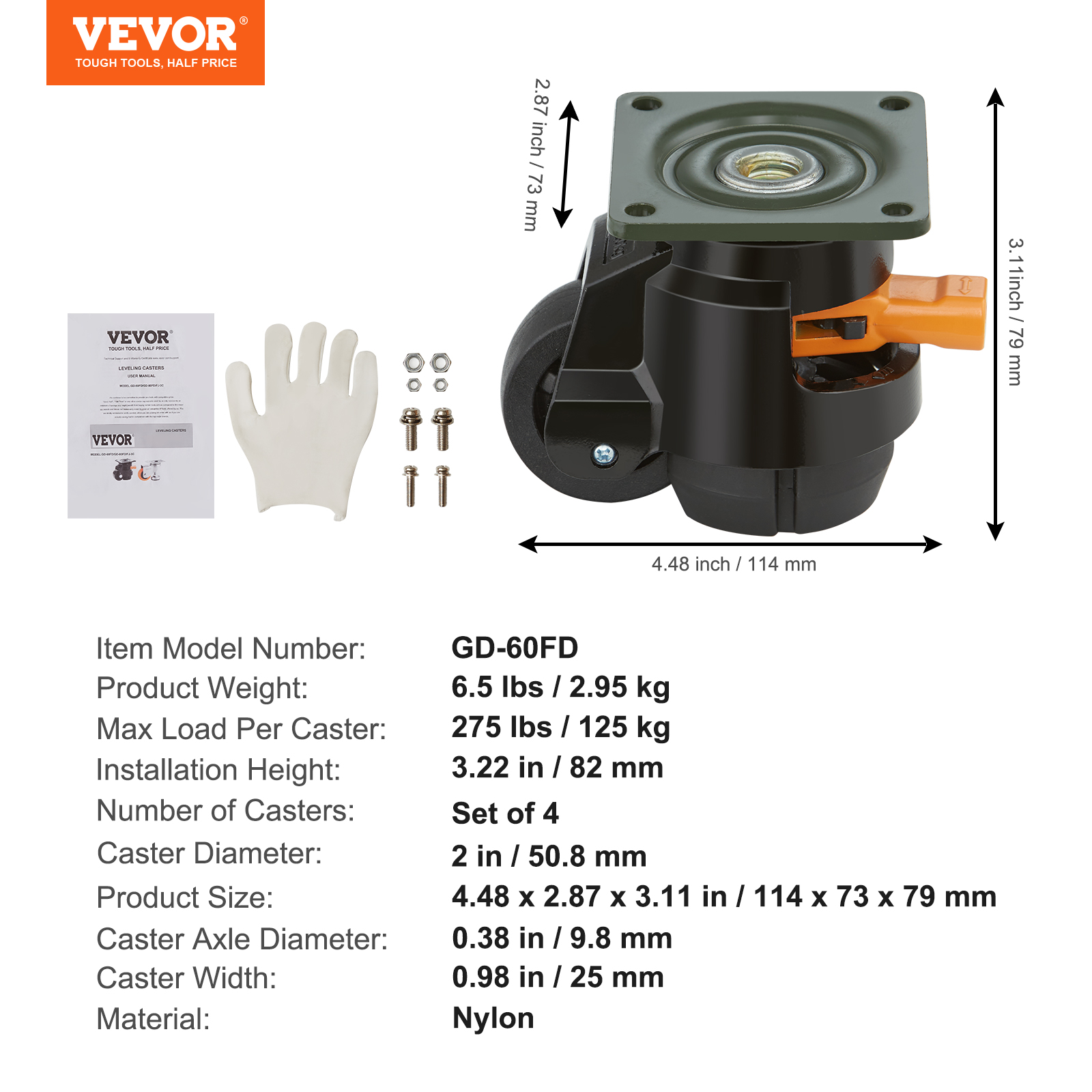 VEVOR Leveling Casters Adjustable PVC Plate Mounted Caster 720/2200/1100lbs 4pcs - Picture 33 of 38