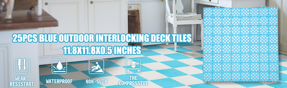 VEVOR Drainage Tiles Interlocking 25 Pack Blue, Outdoor Modular Interlocking Deck Tile 11.8x11.8x0.5 Inches, Dry Deck Tiles for Pool Shower Sauna Bathroom Deck Patio Garage