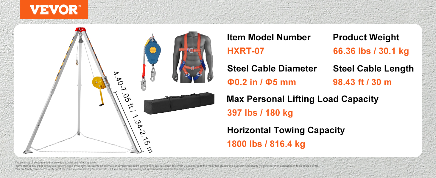 VEVOR mentőállvány állványkészlet, 1800 lbs csörlős állvány szűk helyekre 7 hüvelykes lábakkal és 98 hüvelykes kábel szűk helyekhez 32,8 hüvelykes leesés elleni védelem, heveder