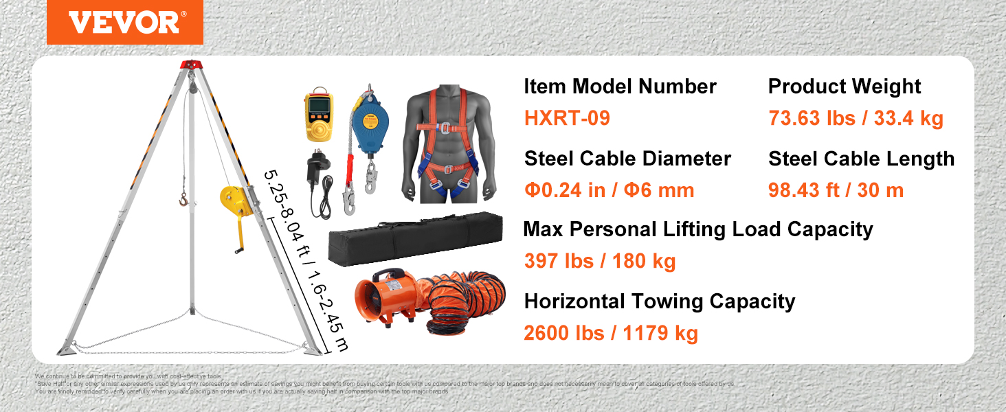 Sada stativu pro stísněný prostor VEVOR, naviják 2600 lb, stativ pro stísněný prostor 8' nohy a 98' kabel, stativ pro záchranu stísněného prostoru 32,8' ochrana proti pádu, postroj, foukač, taška pro tradiční stísněné prostory