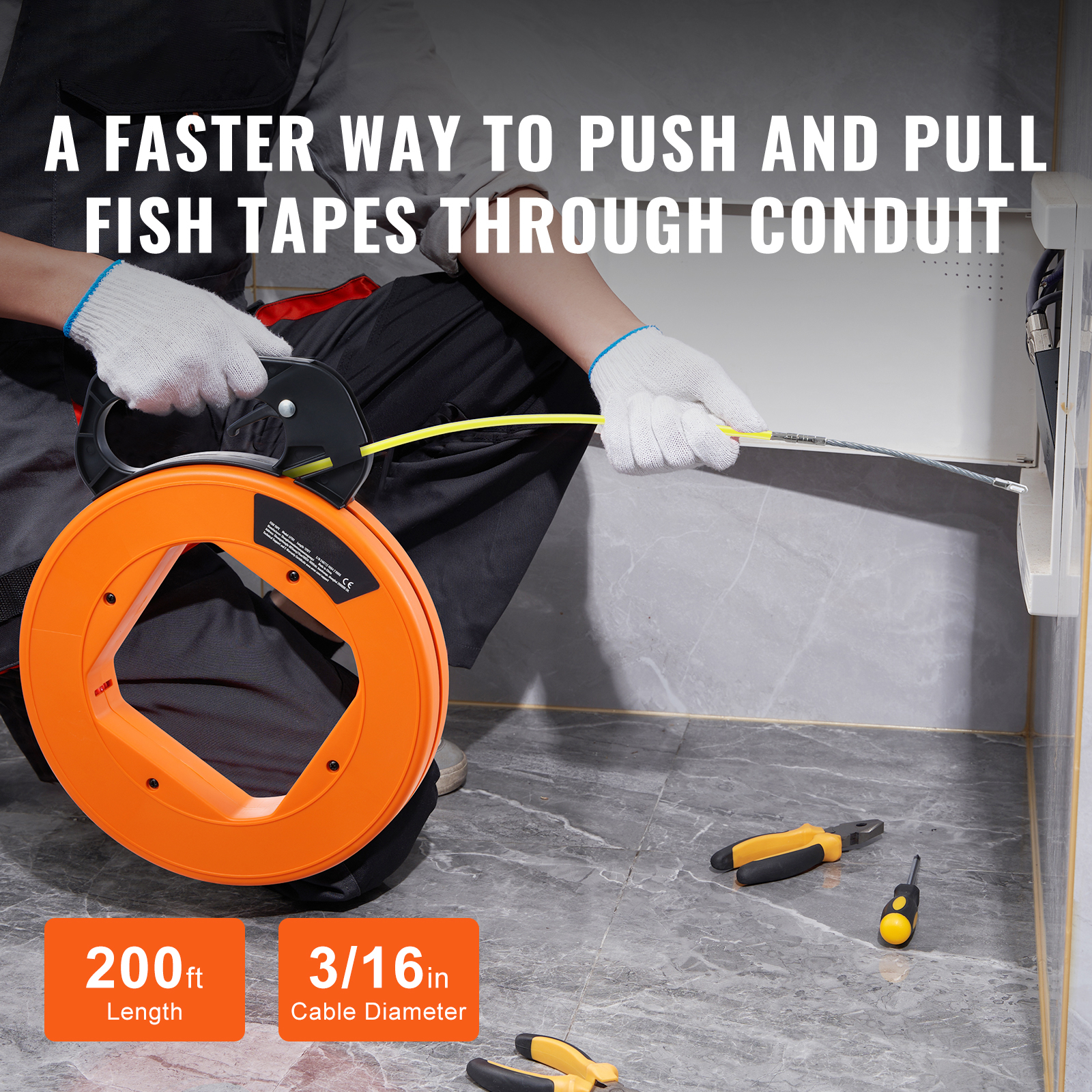 Mophorn 200 ft Fiberglass Fish Tape, 3/16-inch Wire Puller with ...