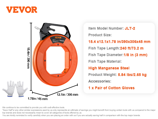 VEVOR Fish Tape, 240-foot, 1/8-inch, Steel Wire Puller with