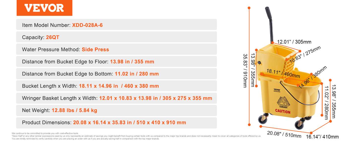 VEVOR vědro na mop se ždímačem, 26 kv. Komerční kbelík na mop s bočním lisem, bočním lisovacím kbelíkem a kombinovaným lisem na kolečkách, pro profesionální/průmyslové/podnikové čištění podlah, žlutá