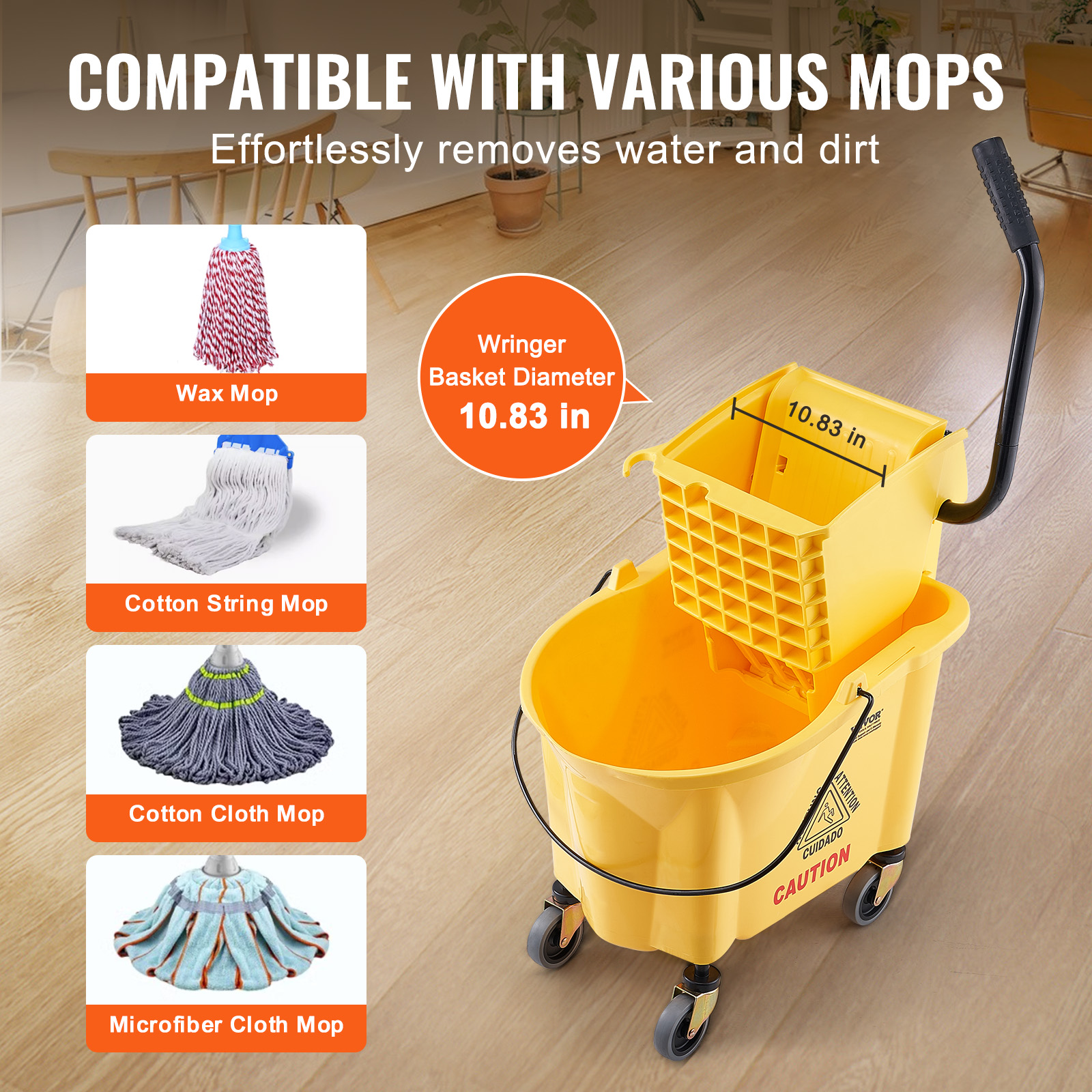 VEVOR Commercial Mop Bucket with Wringer 35/26Qt. Rolling Floor Cleaning Trolley - Picture 17 of 26