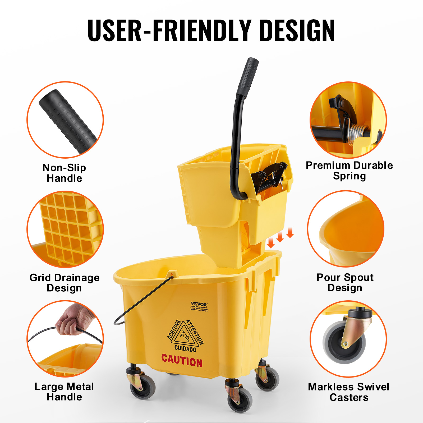 VEVOR Commercial Mop Bucket with Wringer 35/26Qt. Rolling Floor Cleaning Trolley - Picture 20 of 26