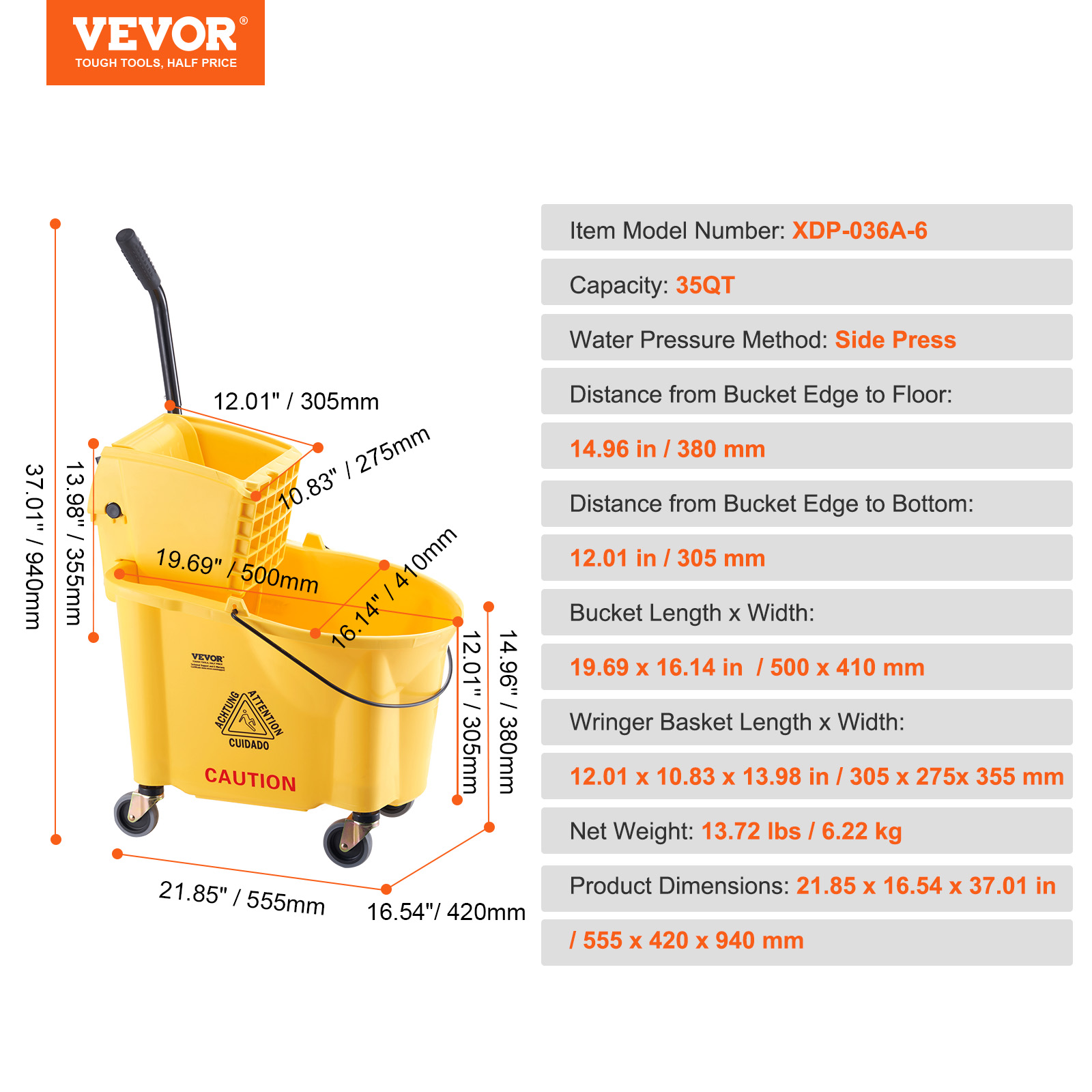 VEVOR Commercial Mop Bucket with Wringer 35/26Qt. Rolling Floor Cleaning Trolley - Picture 9 of 26