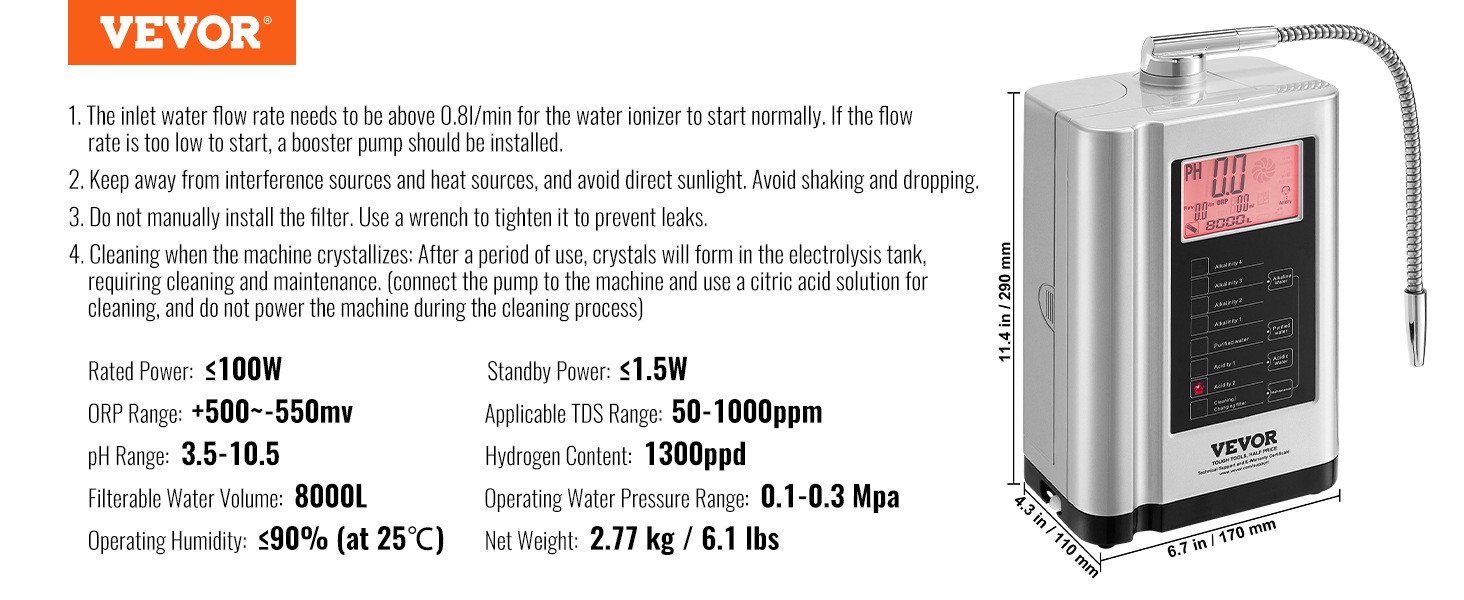 VEVOR VEVOR Dispositivo Ionizzatore Alcalino Acqua Schermo di