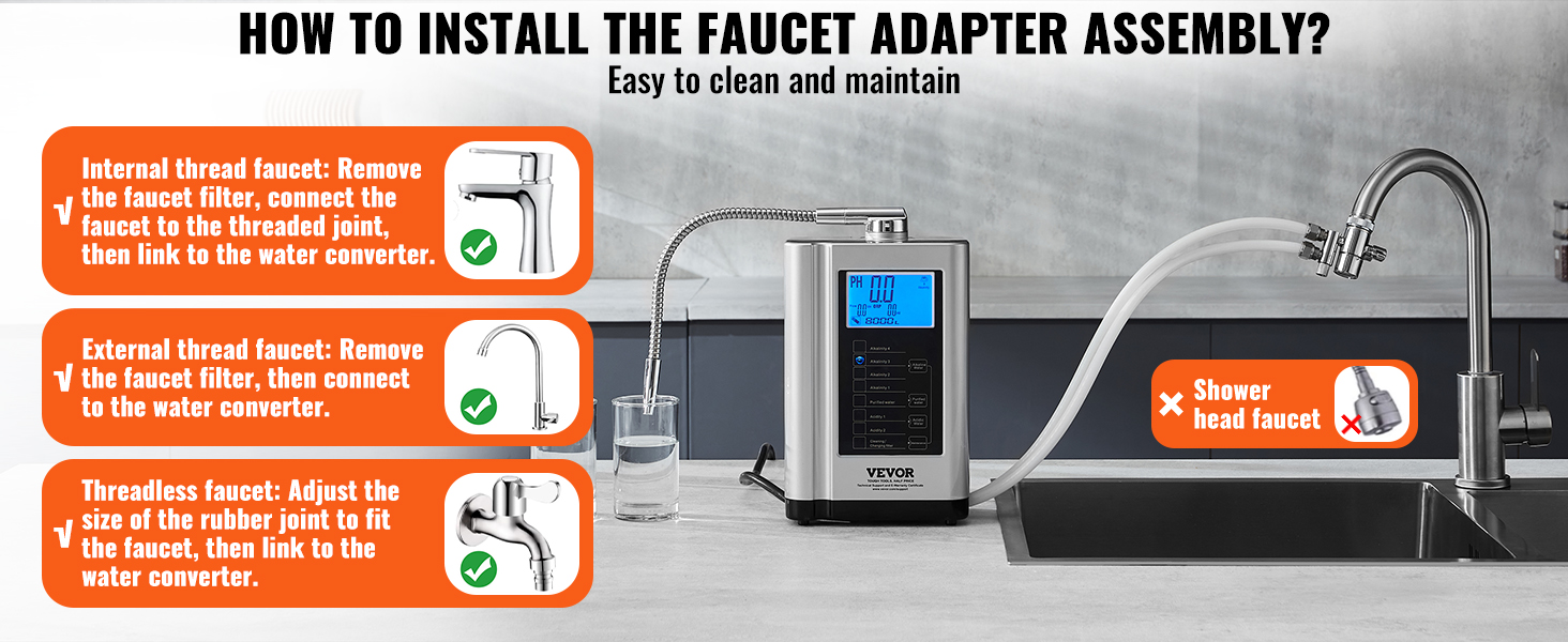 VEVOR Alkaline Water Ionizer Machine, pH 3.5-10.5 Alkaline Acidic Hydrogen  Water Purifier, 7 Water Settings Home Filtration System, Up to -650mV ORP,  8000L Per Filter, Auto-Cleaning, White