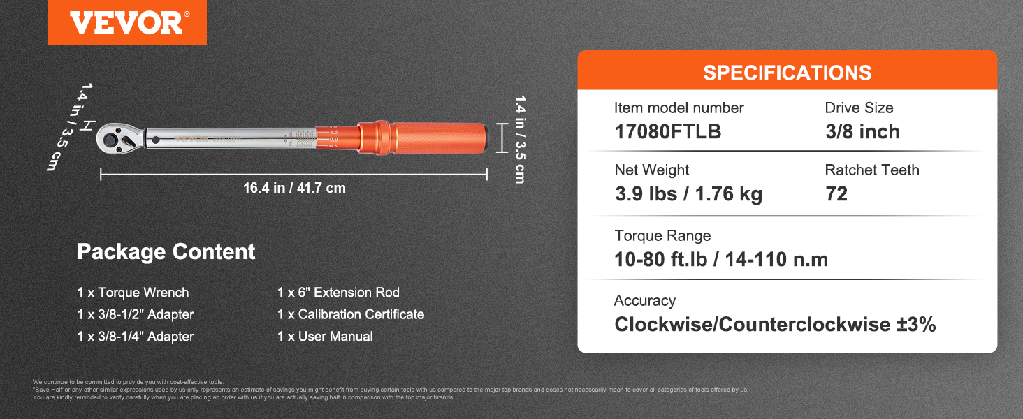 thumbnail image 2 of VEVOR 3/8" Drive Click Torque Wrench - 10-80 Ft.lb Range With Adapters & Extension Rod 2 of 12
