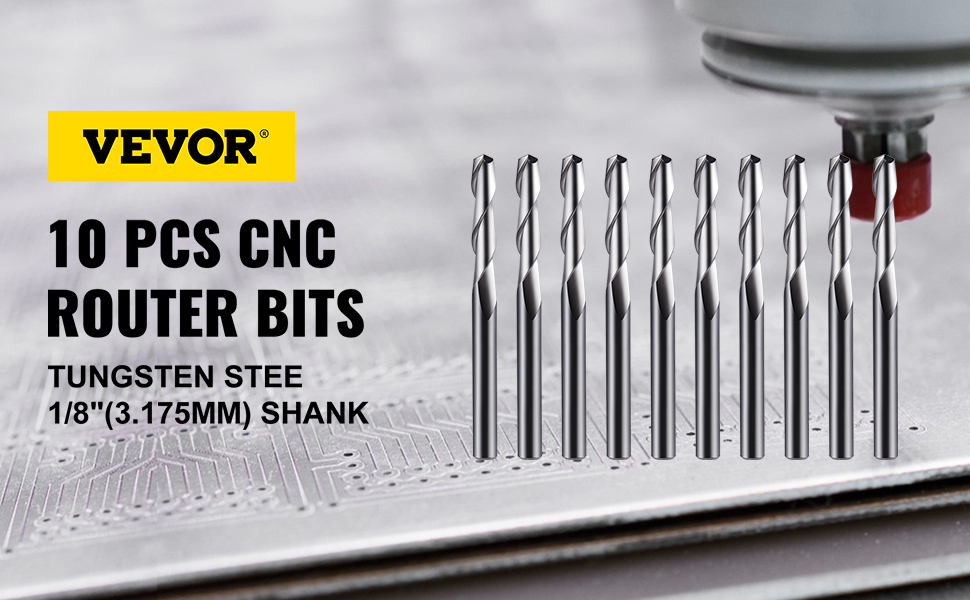 VEVOR 10PCs CNC Router Bits 1/8"CNC Router End Mill Tungsten Steel CNC Engraving Bits Flat Nose
