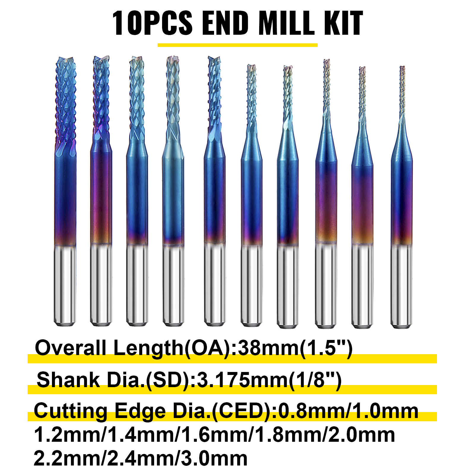 Size : 1.0mm 3.175mm Carbide End Mill Blue Coat CNC Router Bits Cutting Edge Engraving Bits PCB Machinery Pack of 10