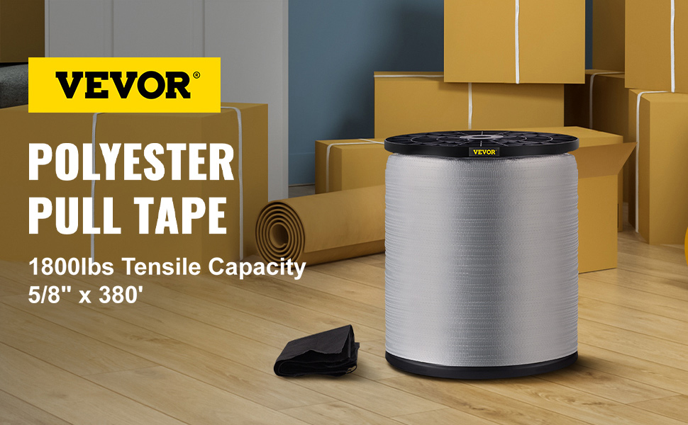 VEVOR 1800Lbs Polyester Pull Tape, 380' x 5/8" Flat Tape for Wire & Cable Conduit Work Variable Functions, Flat Rope for Pulling/Loading/Packing in Any Weather CONDITON