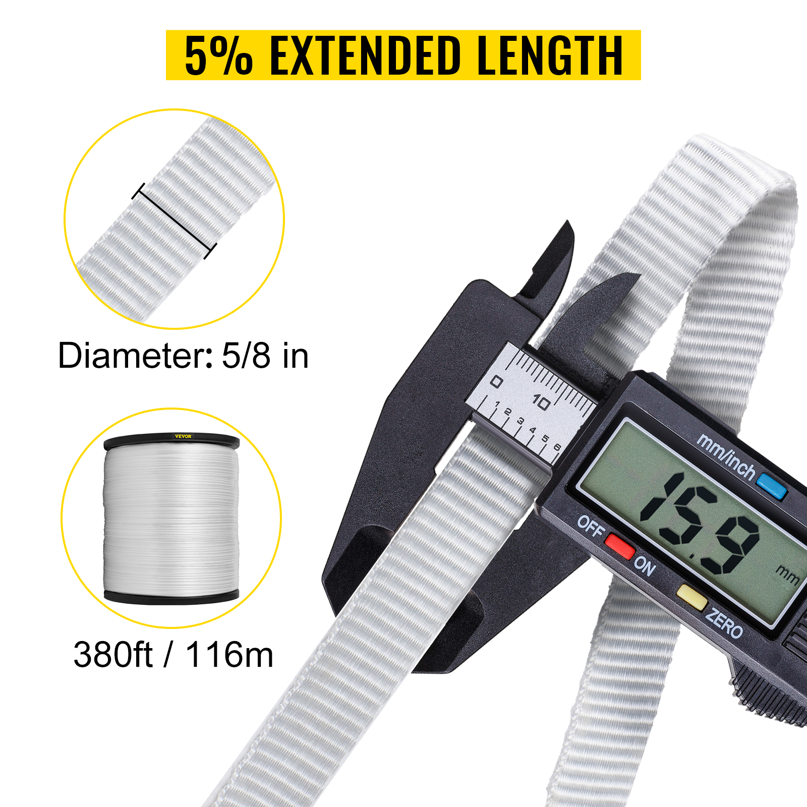 VEVOR 1800Lbs Polyester Pull Tape, 380' x 5/8" Flat Tape for Wire & Cable Conduit Work Variable Functions, Flat Rope for Pulling/Loading/Packing in Any Weather CONDITON