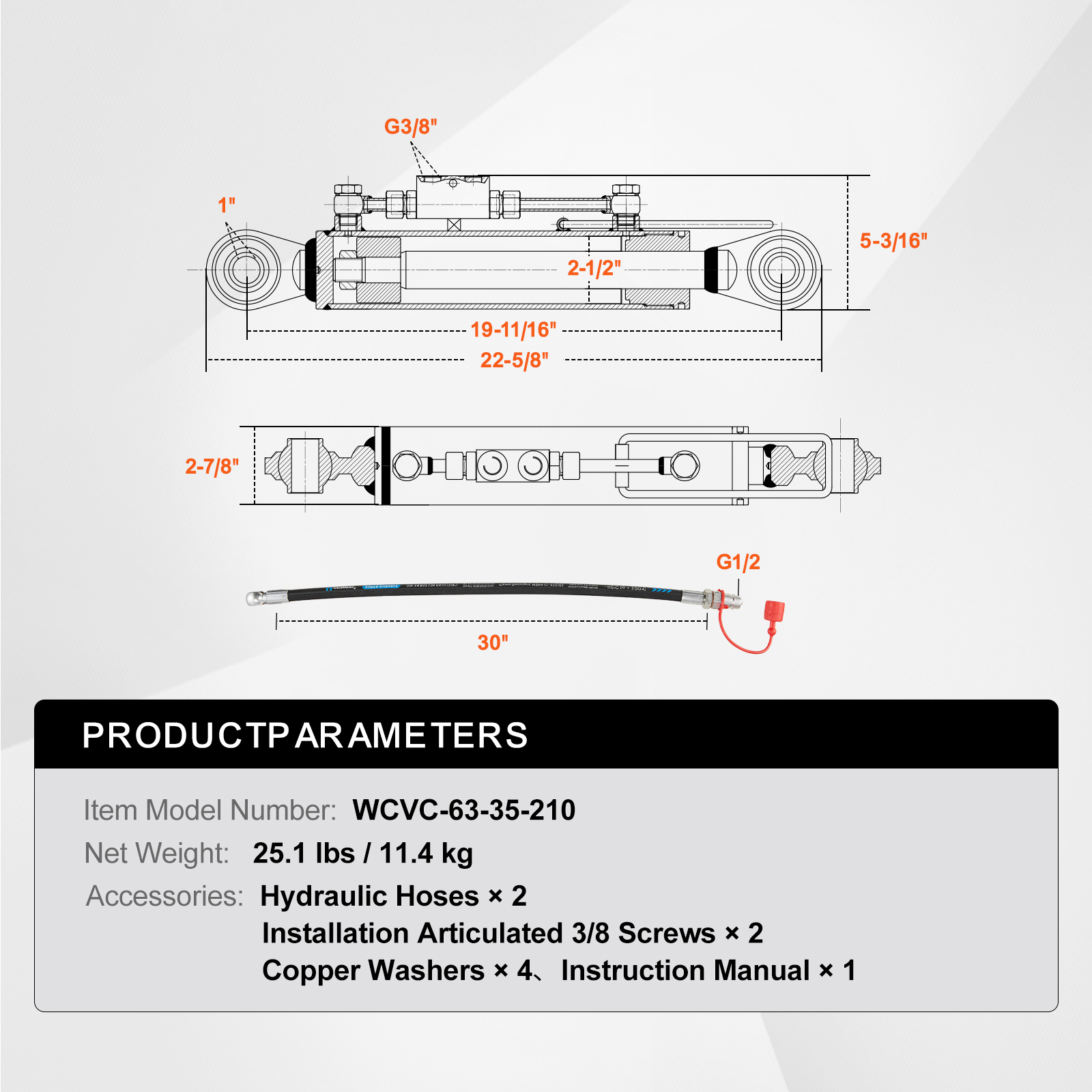 Uimoso Hydraulic Top Link Cat.1-1 / Cat.2-2 18 1/8" - 31 7/8" with 2x Hoses