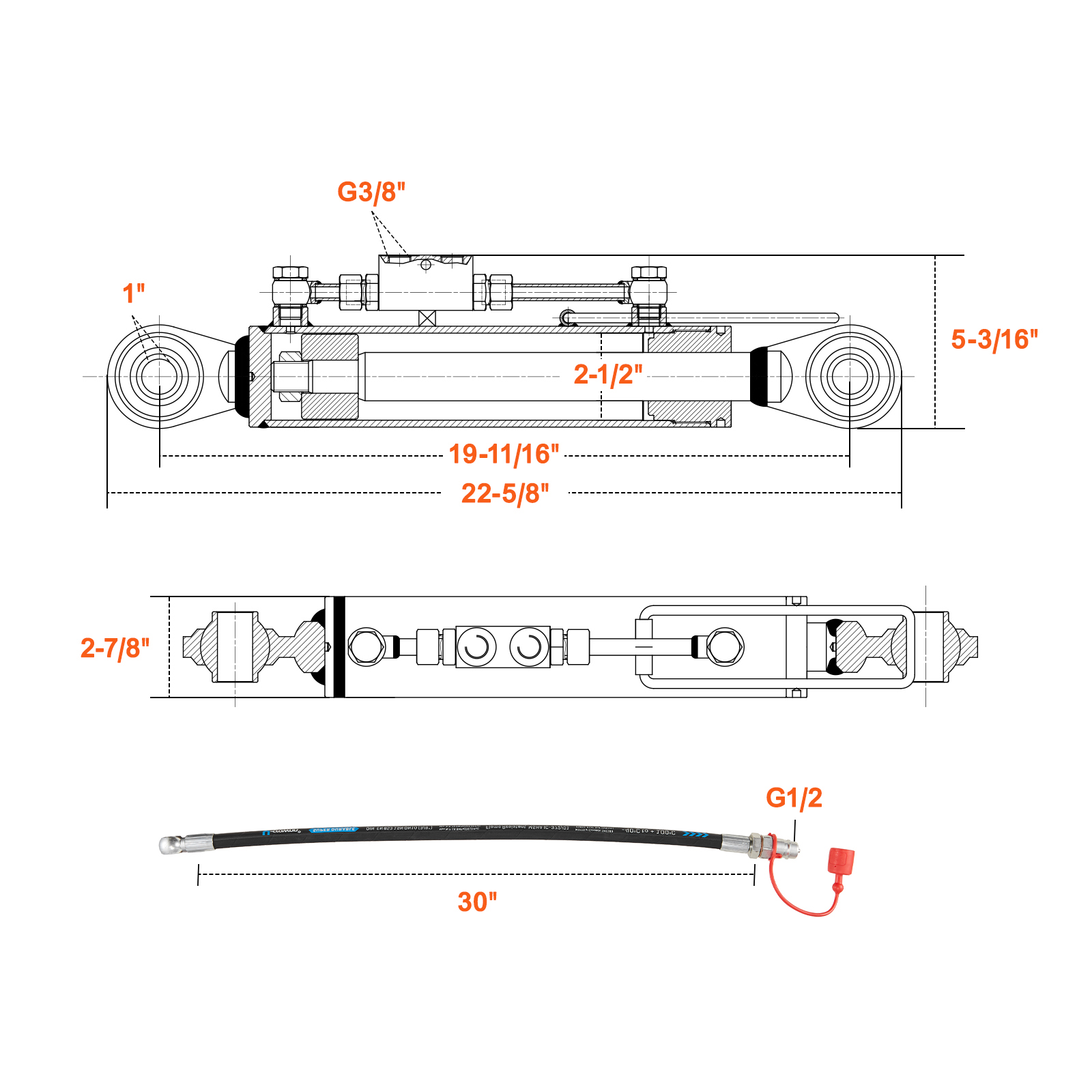 Uimoso Hydraulic Top Link Cat.1-1 / Cat.2-2 18 1/8" - 31 7/8" with 2x Hoses