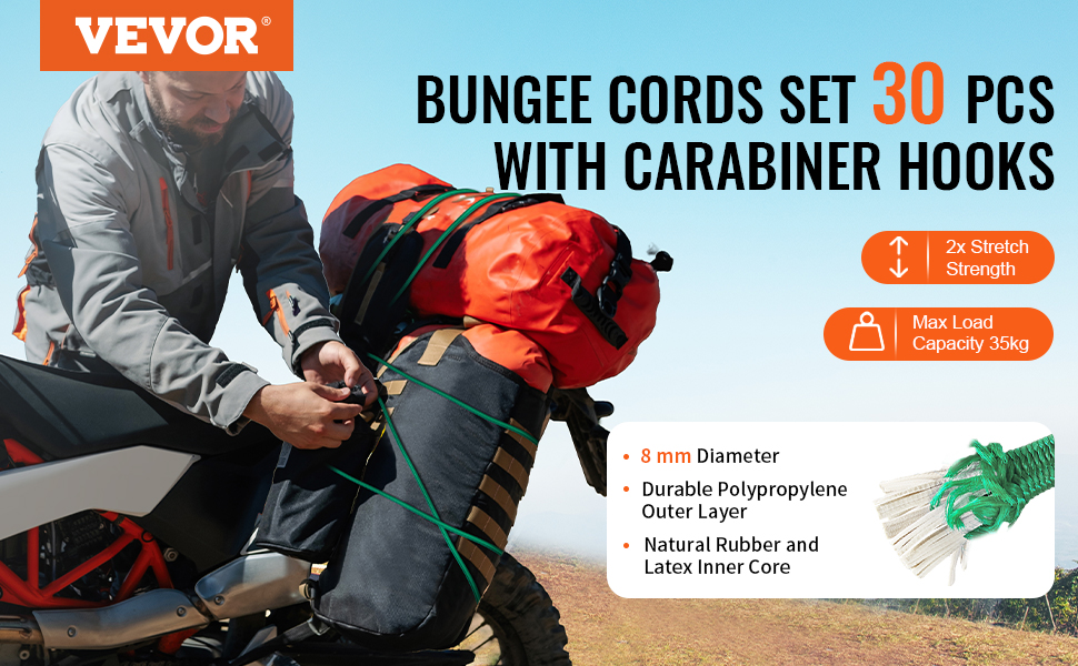 Dropship VEVOR 30 Pcs Bungee Cords Set 8mm Heavy Duty Bungee Straps With Steel Carabiners To