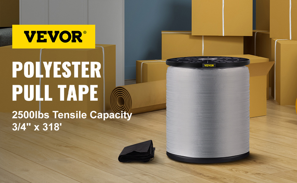 VEVOR 2500Lbs Polyester Pull Tape, 318' x 3/4" Flat Tape for Wire & Cable Conduit Work Variable Functions, Flat Rope for Pulling/Loading/Packing in Any Weather CONDITON