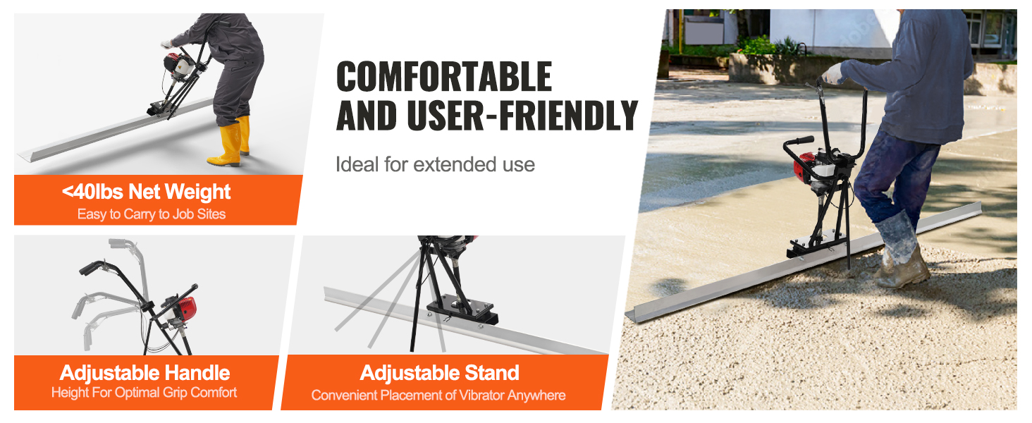 VEVOR gas concrete power screed, lightweight, adjustable handle, and stand for user comfort.