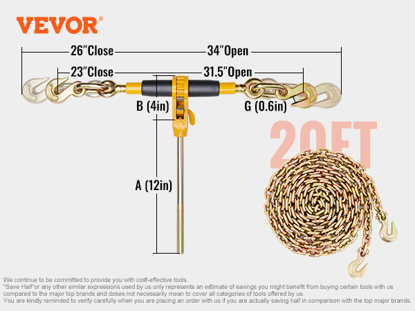 VEVOR Ratchet Chain Binder, 3/8"-1/2" Heavy Duty Load Binders, with G80 Chains 12000 lbs Secure Load Limit, Labor-saving Anti-skid Handle, Tie Down Hauling Chain Binders for Flatbed Truck Trailer, 4 P
