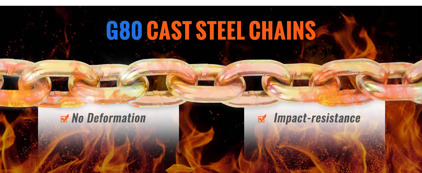 g80 cast steel chains with no deformation and impact-resistance qualities amidst fiery background.