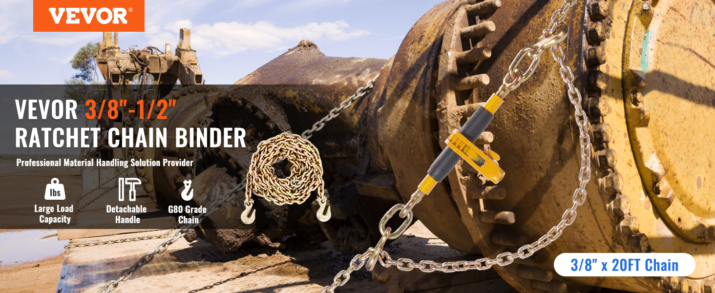 VEVOR ratchet chain binder securing heavy machinery with g80 grade chain and detachable handle.