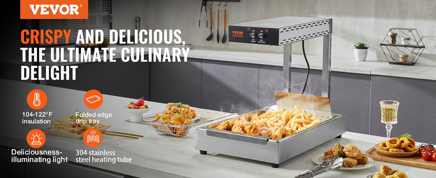 VEVOR french fry warmer in a kitchen with fried foods, temperature control, and stainless steel heating.