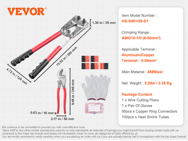 VEVOR Crimping Tool, AWG10-1/0 Copper And Aluminum Terminal Battery Lug  Crimper, 6 Wire Sizes Crimping Die, with a Cutting Pliers, Gloves, 95pcs  Copper Ring Connectors, and 100pcs Heat Shrink Tubes
