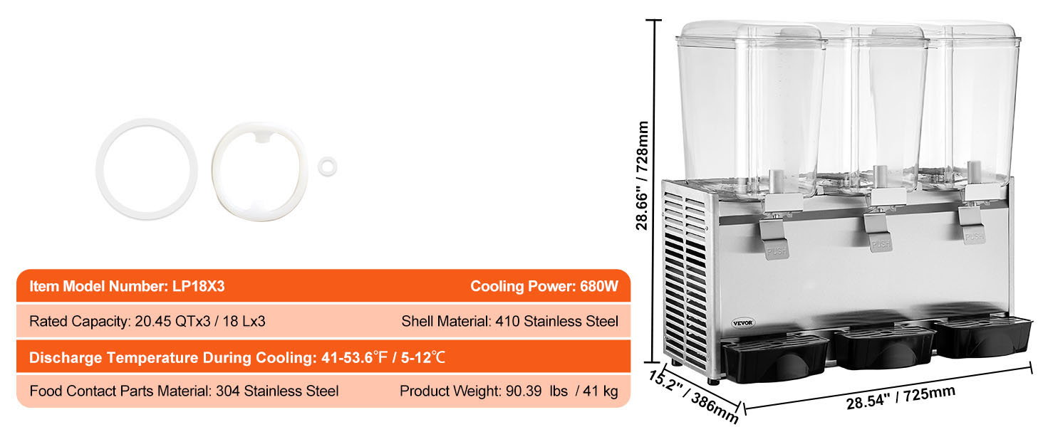 VEVOR Commercial Beverage Dispenser, 14.25 gal, 18L 3 Tanks Ice Tea Drink Machine, 680W 304 Stainless Steel Juice Dispenser with 41°F-53.6°F