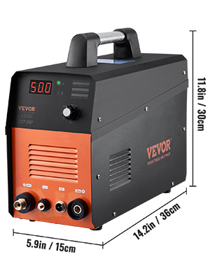 VEVOR plasma cutter with digital display, dimensions: 14.2in x 5.9in x 11.8in, black and orange design.