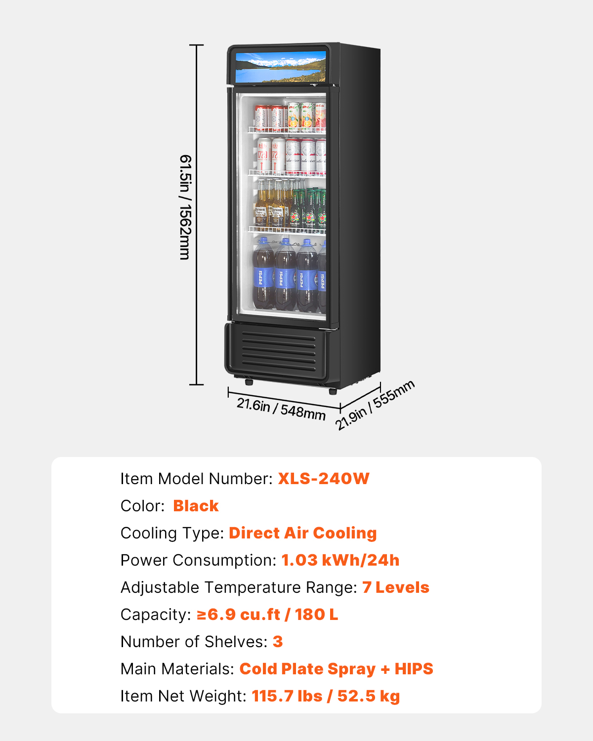 Commercial Merchandiser Refrigerator 6.9-36.27 CU.FT Glass Door Refrigerator